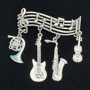 Vintage JJ Jonette Music Staff Dangling Instruments Silver Tone Brooch Pin